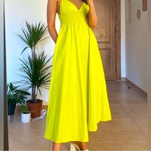 Zara Lime Green Smocked Maxi A-Line Dress with Pockets